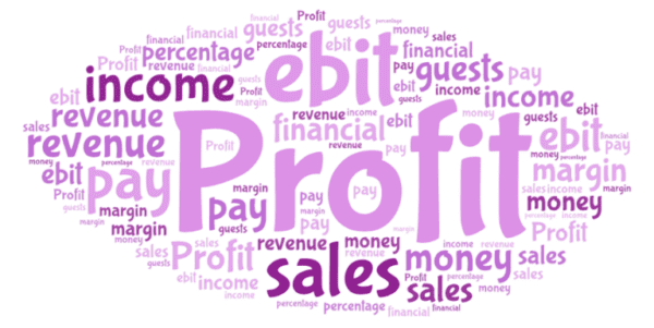 Word cloud with different words relating to profit in various sizes and shades of purple.