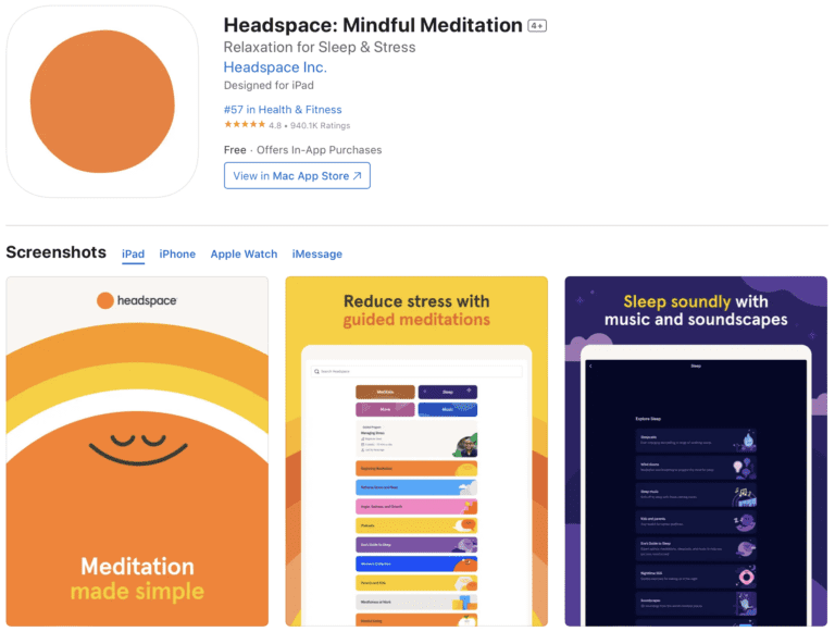 Headspace App for meditation product description page