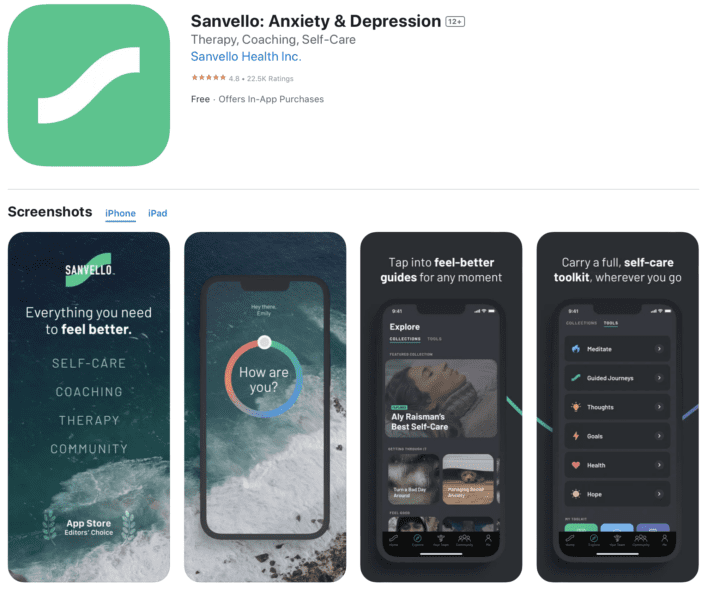 Sanvello App product description for Anxiety and Depression