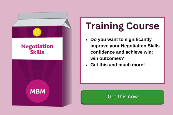 Negotiation Skills Training Course banner with green button and carton