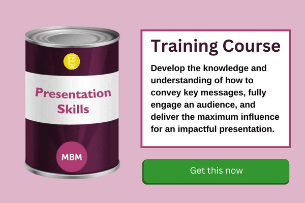 Presentation Skills Training Course banner with green button and course can