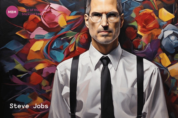 Steve Jobs portrait wirh colourful floral background for article on elon musk leadership