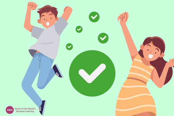 Boy and girl jumping for joy to learn benefits with green tick