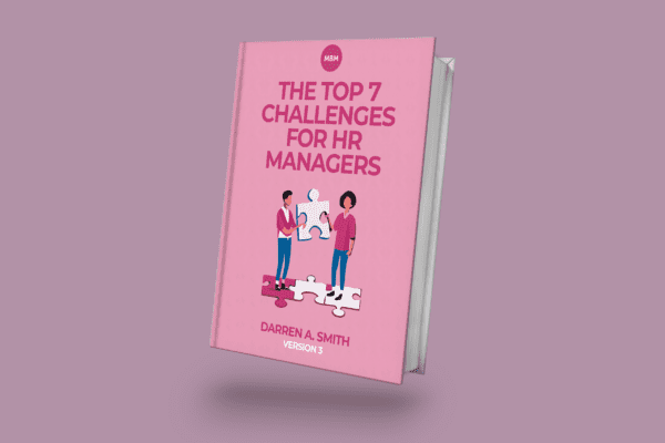 Pink 3D model of book title The Top 7 Challenges for HR Managers