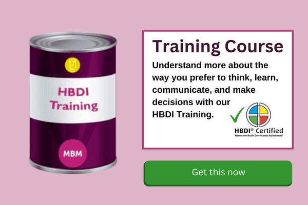 HBDI Training Course and Herrmann Brain Dominance Instrument Course banner with green button and course can