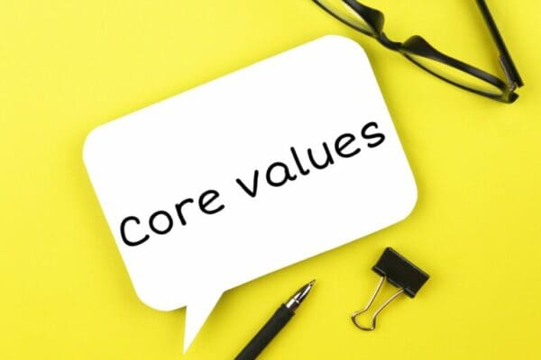 Core Values in a white speech bubble on yellow background